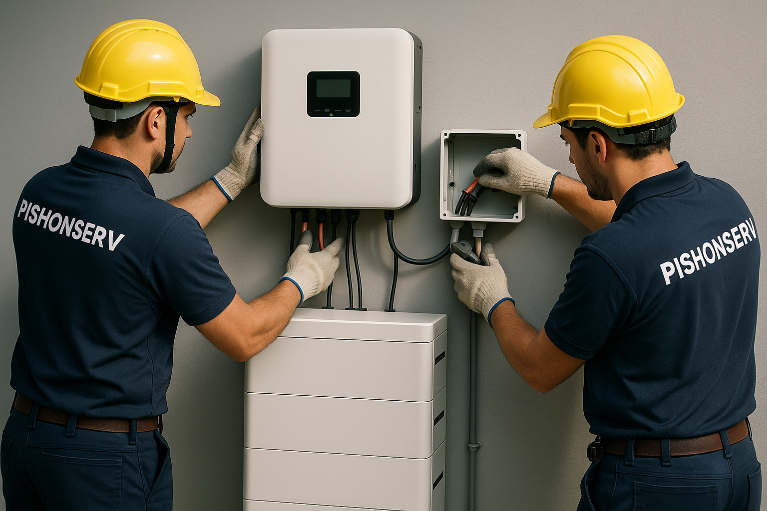Two PISHONSERV technicians in yellow hard hats installing solar equipment